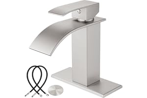 Midanya Brushed Nickel Bathroom Sink Faucet Waterfall Spout Single Handle 1 Hole Deck Mount Mixer Tap Lavatory Vanity Sink Faucet Commercial with Deck Plate and Pop Up Drain