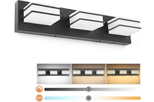 GOODATE 3 Color Temperature Dimmable Bathroom Light Fixtures over Mirror LED Black 3 Light Bathroom Vanity Light Fixtures Acrylic Stainless Steel Square Shade Vanity Lights for Bathroom, ETL Certificated