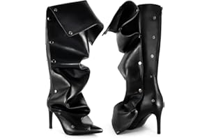 Lunhonk Knee High Boots for Women Stiletto Heel Shark Booties Pointed Toe Slouchy Boot Thigh High Boots with Detachable Snap-off Panel Back Zipper