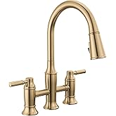 Delta Renaldi Brushed Gold Kitchen Faucet with Pull Down Sprayer, Bridge 3 Hole Modern Kitchen Sink Faucet, Two-Handle, Lumic