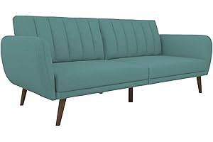 Novogratz Brittany 82 Inch Futon Sofa Bed in Faux Leather, Upholstered Couch Sleeper with Tufted Back, Mid-Century Modern Design, Teal
