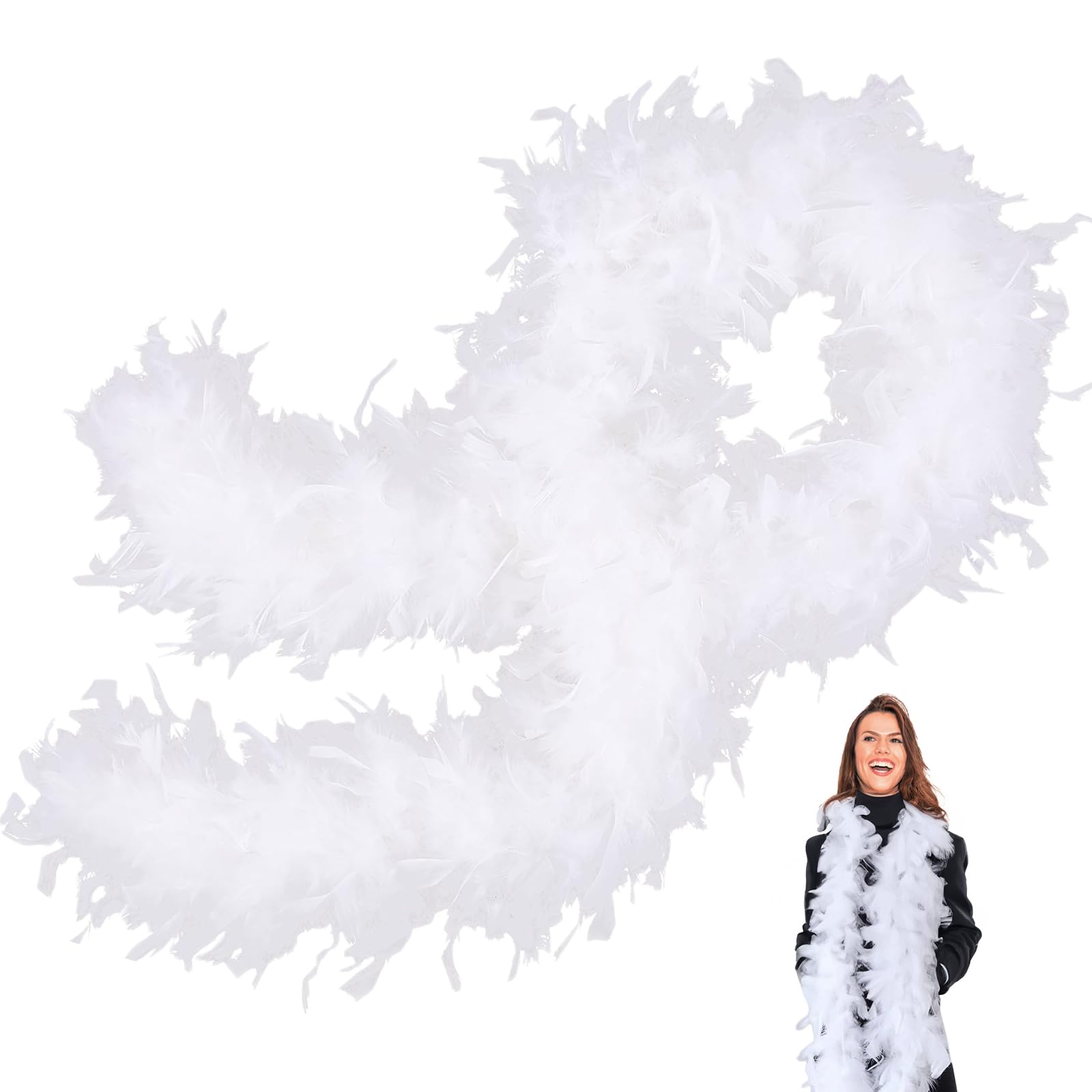 White Feather Boas Thick Fancy Dress for Women,Girls,80g 2m/6.6ft Natural Turkey Feather Boa White,Party Fluffy Boa Feather Scarffor Bulk for Adult,Kids,Wedding Bachelor Halloween Christmas Party