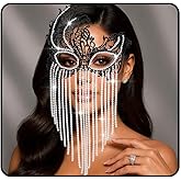 Flimire Rhinestone Masquerade Mask for Women Sparkle Tassel Eye Mask Halloween Costume Venetian Party Ball Lace Mask