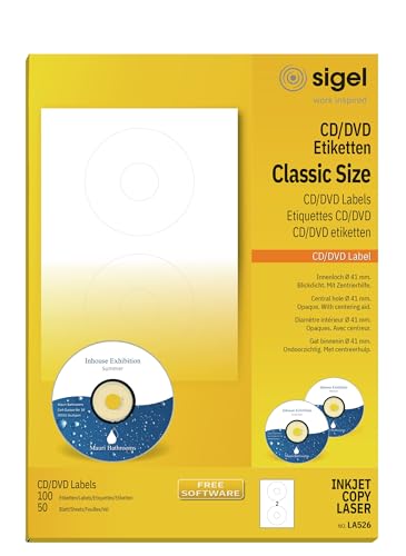 SIGEL LA526 CD-/DVD-Etiketten selbstklebend, bedruckbar, weiß, blickdicht, 100 Etiketten = 50 Blatt, mit Zentrierhilfe, ClassicSize 41 mm Innenloch