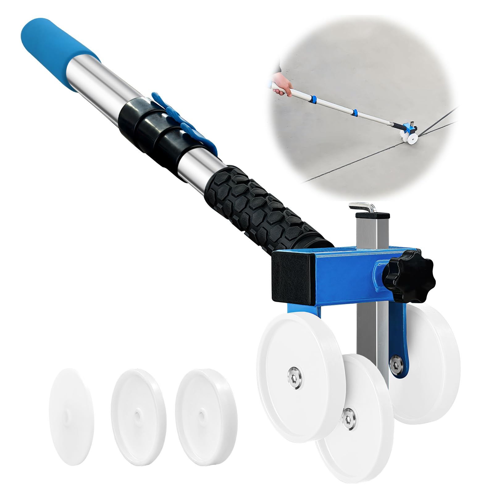 Photo 1 of LookFox Backer Rod Insertion Tool with Extension Pole, Depth-Adjustable with Auxiliary Wheels, Equipped with 4 Interchangeable Wheels, for Concrete Joint Sealing, Road Construction Projects