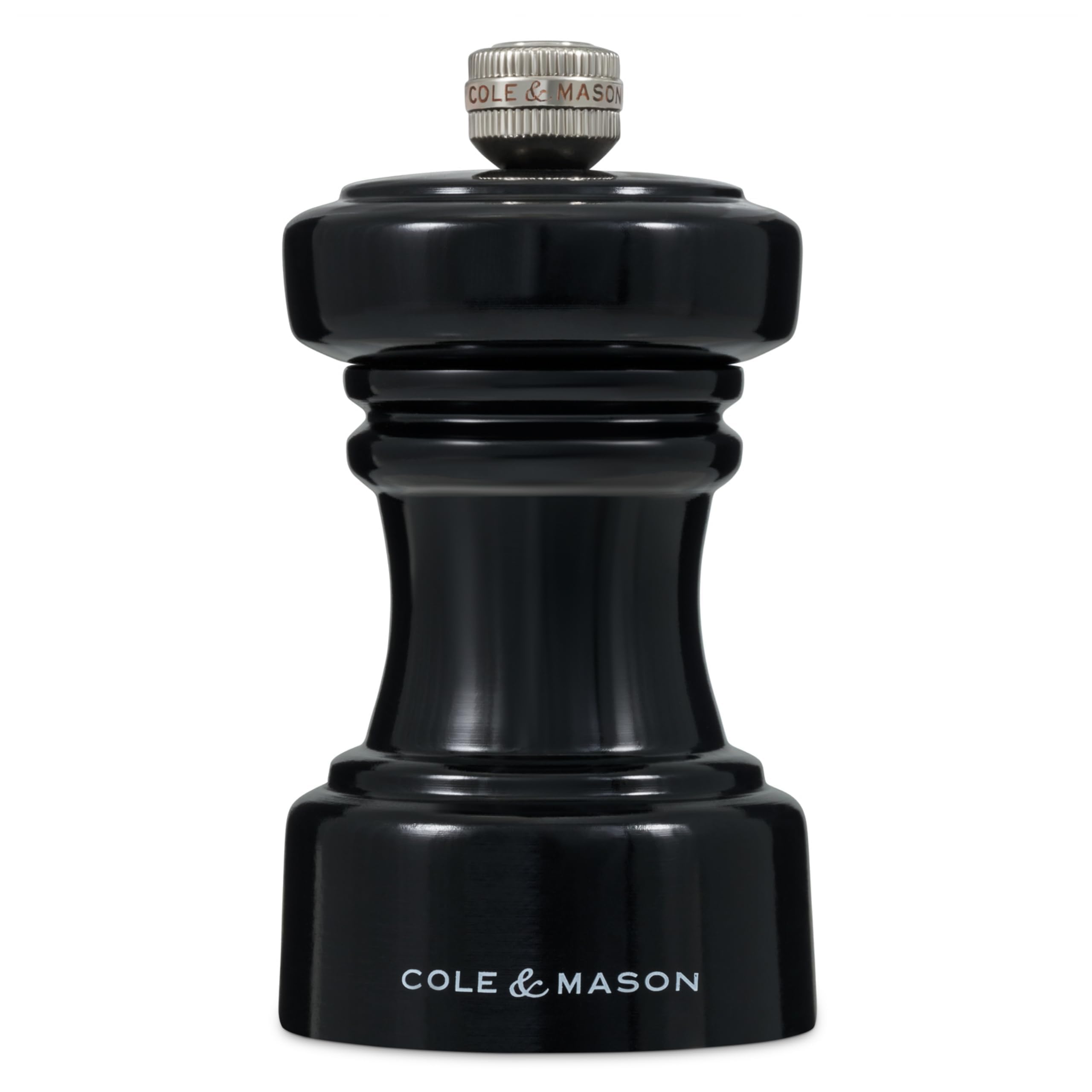 Cole & Mason Hoxton Black Gloss Pepper Mill, Compact Pepper Grinder with Adjustable Grind, Precision+ Carbon Mechanism, Beech Wood, 10cm, Seasoning Mill, Lifetime Mechanism Guarantee