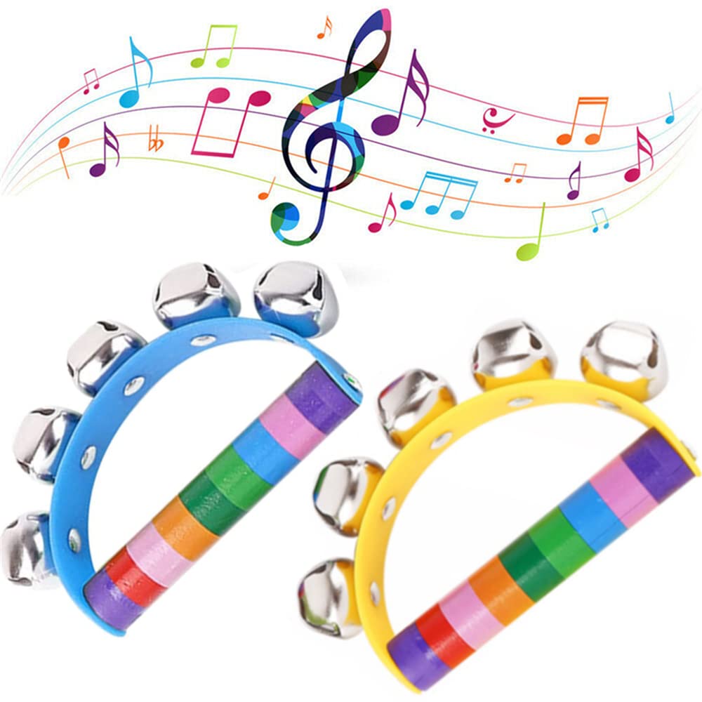 Juliyeh 2 Pack Christmas Sleigh Bells Rainbow Jingle Bells Instrument Wooden Hand Bells Sleigh Bells Holiday Musical Bells Rainbow Bell Rattle（Random Colors）