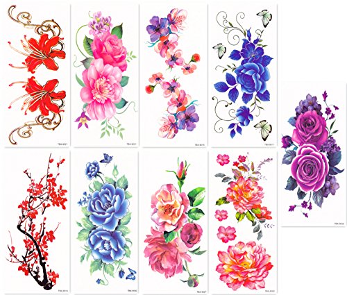 DaLin Sexy Temporary Tattoos Women 9 Sheets Peony Flower, Plum Blossoms, Blue Rose, Morning Glory