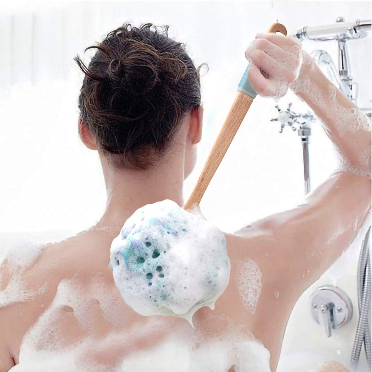 AmazerBath Shower Sponge Loofah Back Scrubber, PE Soft Mesh Loofah Body Scrubber with Long Wooden Handle, Bath Sponge for Men Women (Green) : Beauty