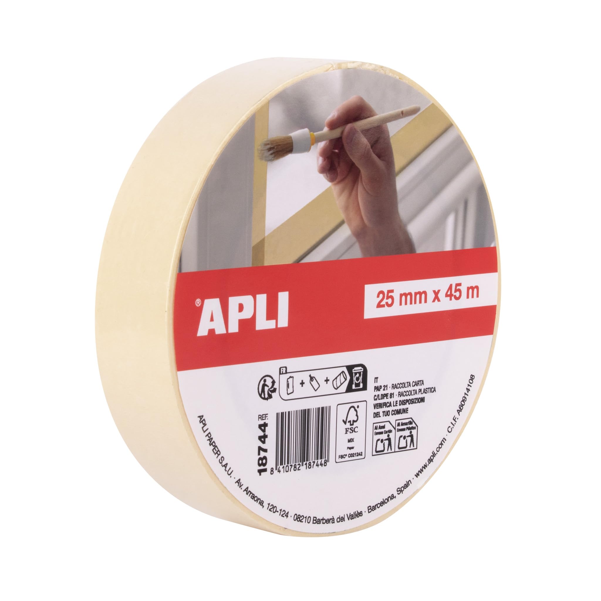 APLI 18744 – Painter/Masking Tape Roll 25 mm x 45 m Individual Format 57 g/m² Paper Resistant to 60 °