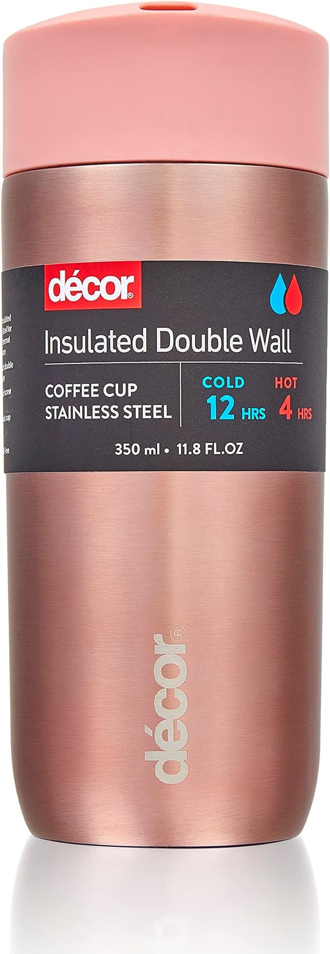 Décor Insulated Stainless Steel Coffee Cup | Travel for Hot & Cold Drinks | 350ml, 12oz - Rose Gold