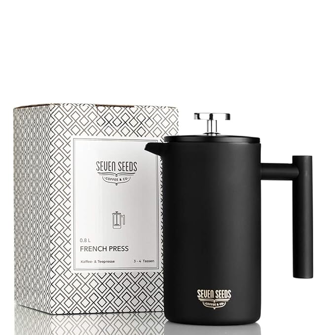 Seven Seeds French Press aus hochwertigem Edelstahl Minimales, Zeitloses Design in matt schwarz | Kapazität 0.8 L