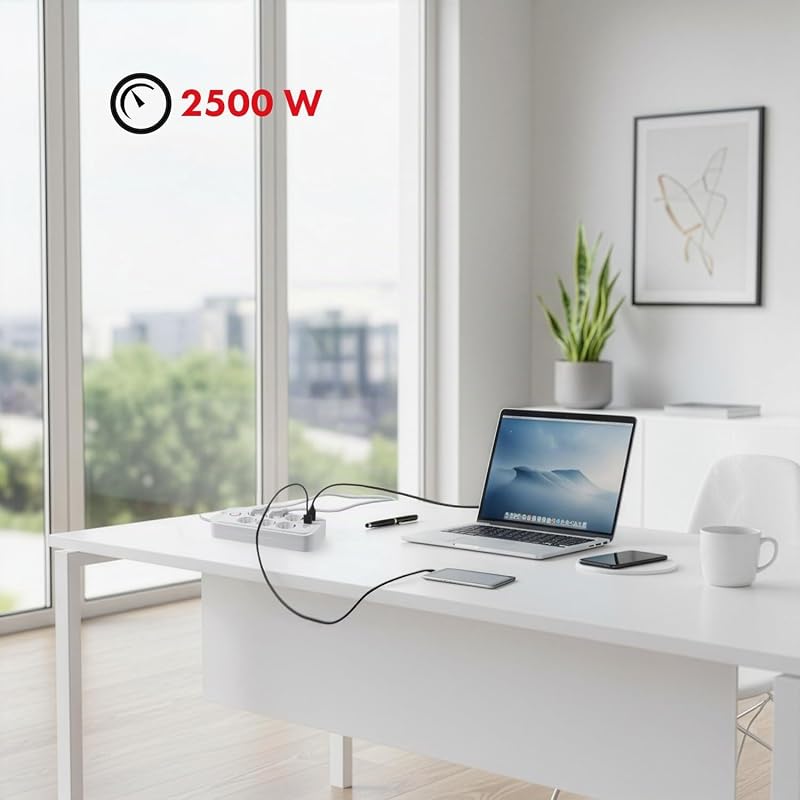 Regleta MCE389/391 | 6 Conectores 4xUSB 1xUSB-C 2500W | Cable de extensión de Escritorio con Interruptor | Puertos 45° | Montado en la Pared (Blanco, 1,5 m)