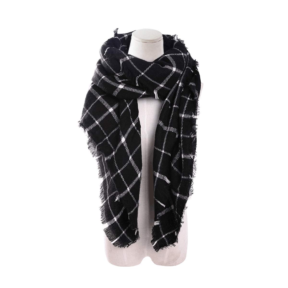 Women Square Plaid Blanket Scarf Shawl for Winter Wear Oversized Warm Soft Chunky Square Scarf (black)