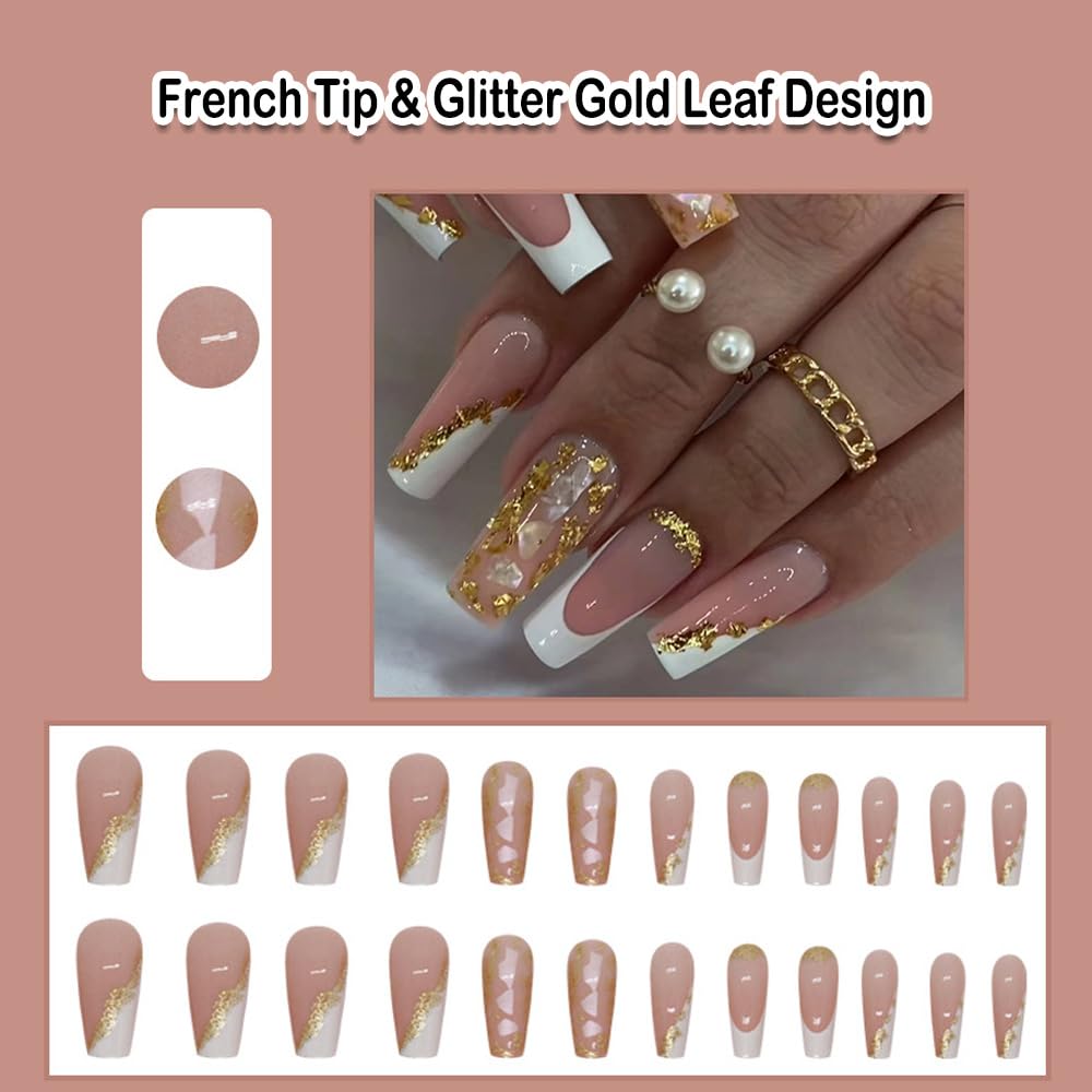 ANDGING French Tip Press on Nails White Short Medium Coffin Glue on Nails with Glitter Gold Leaf Design Gel Fake Nails for Wedding Birthday Acrylic False Nails Manicure Stick on Nail with Glue DK86S - Image 2