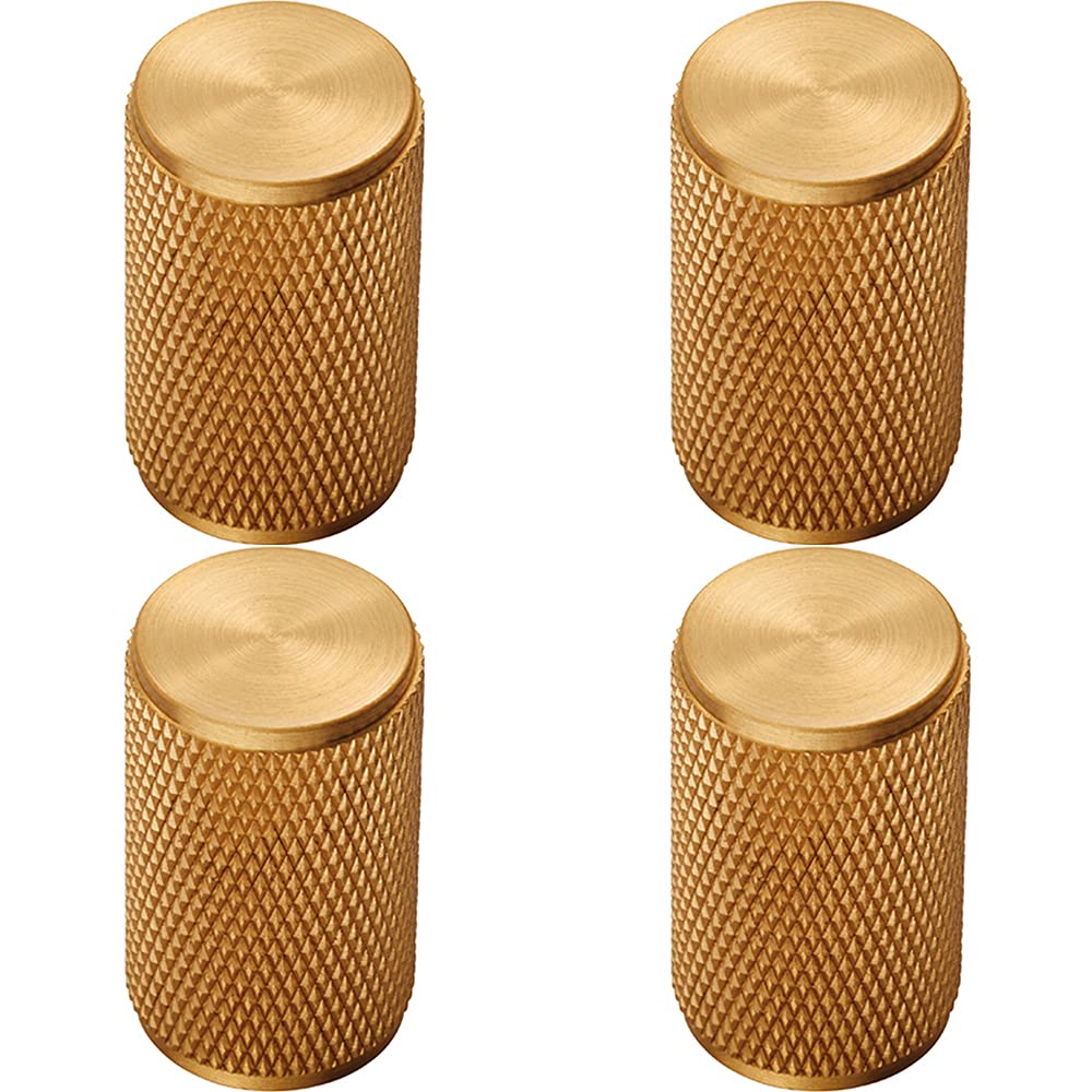 4 Pack | Knurled Cylindrical Cupboard Door Knob - 18mm Dia - Satin Brass Cabinet Handle | Small Cupboard Door Knob - Wardrobe Cabinet Pull Handle - Suitable for Lightweight Internal Doors