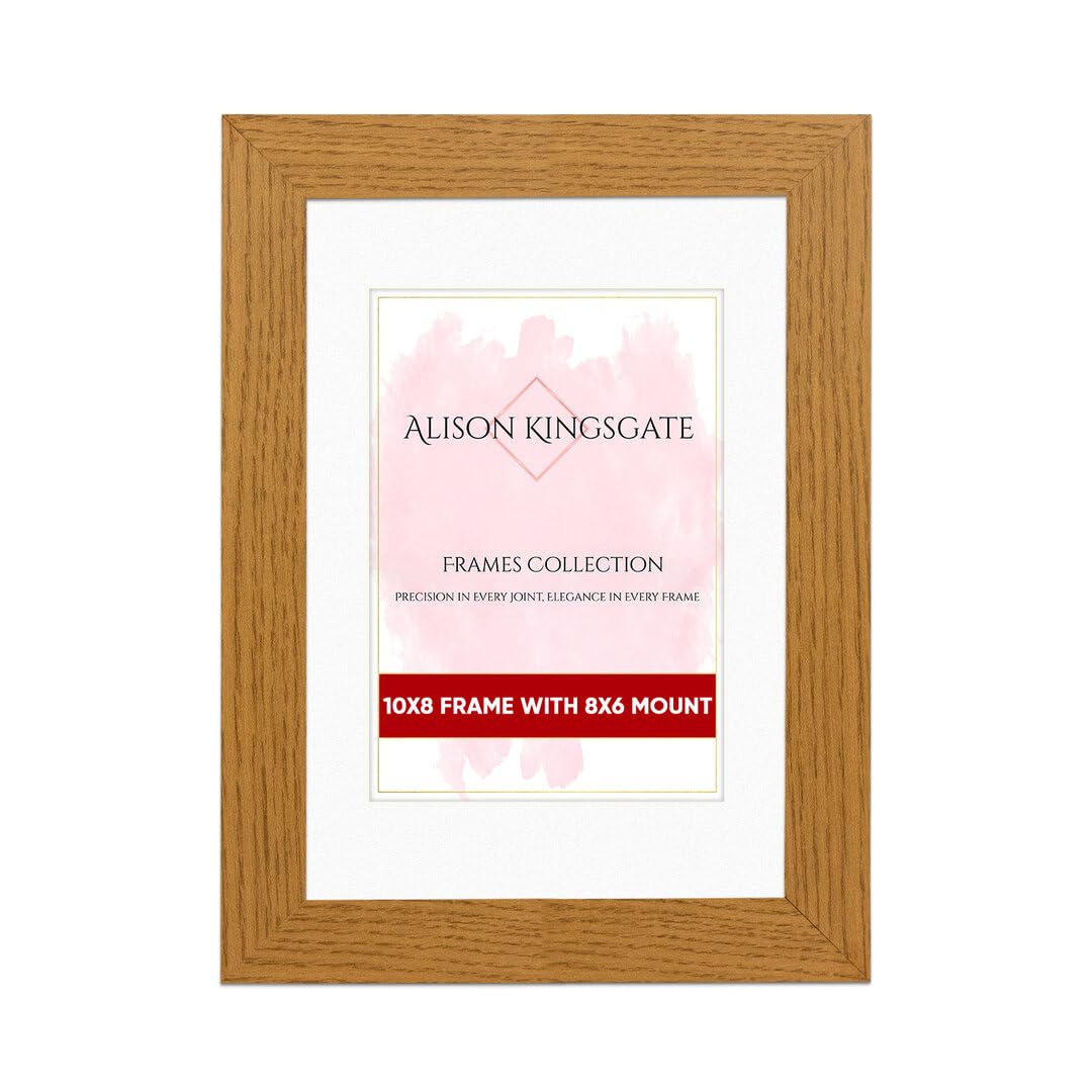 Alison Kingsgate 10x8 Oak Picture Frame with 8x6 Mount - Engineered Wood Photo Frame with Precision Cut Cardboard Mount - Ideal for Posters -Sizes & Colours Available
