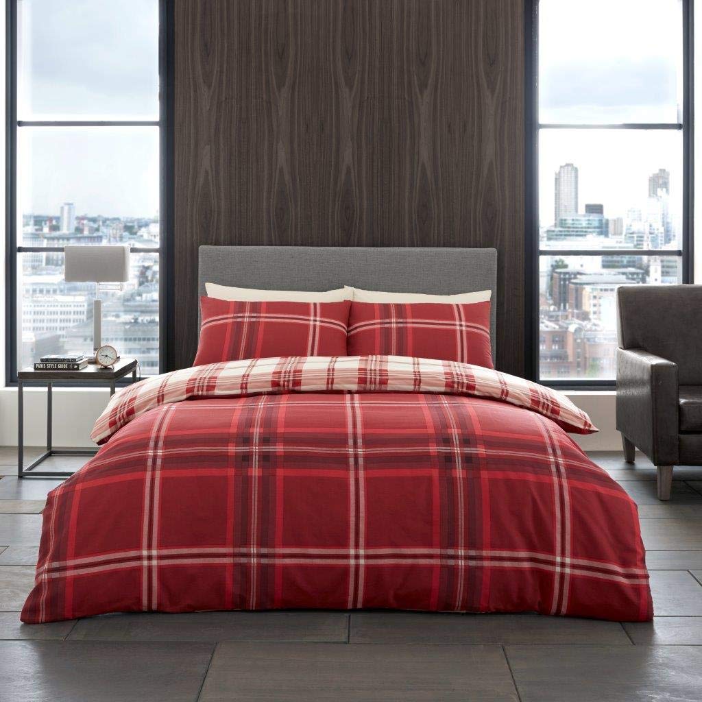 Gaveno Cavailia Bardsley Check Luxurious Bed Set with Duvet Cover and Pillow Cases, Polyester-Cotton, King-Red