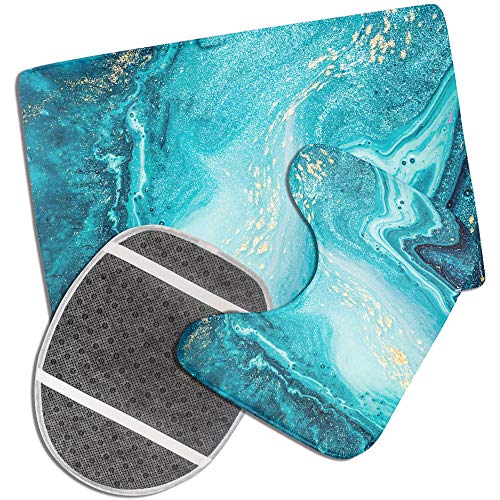 Marble Bathroom Rug Set 3 Piece Luxury Ocean Art Agate Blue Paint Gold