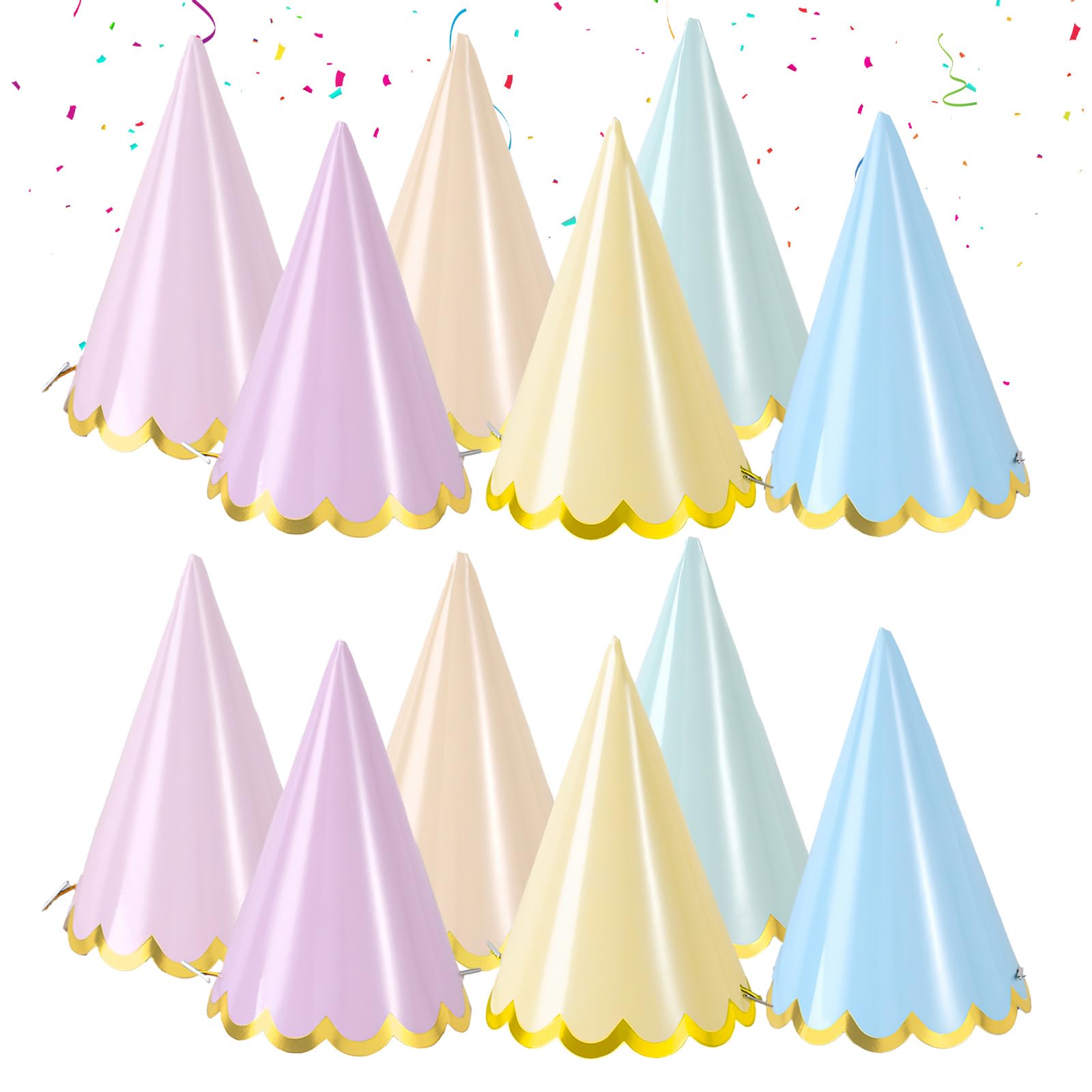 CYMYGS Party Hats, 12 Pastel Birthday Party Hats with Gold Trim, Reusable Colorful Birthday Hats for Kids with Gold Elastic String for Kid Baby Showers Wedding Partys and Pets Celebrations