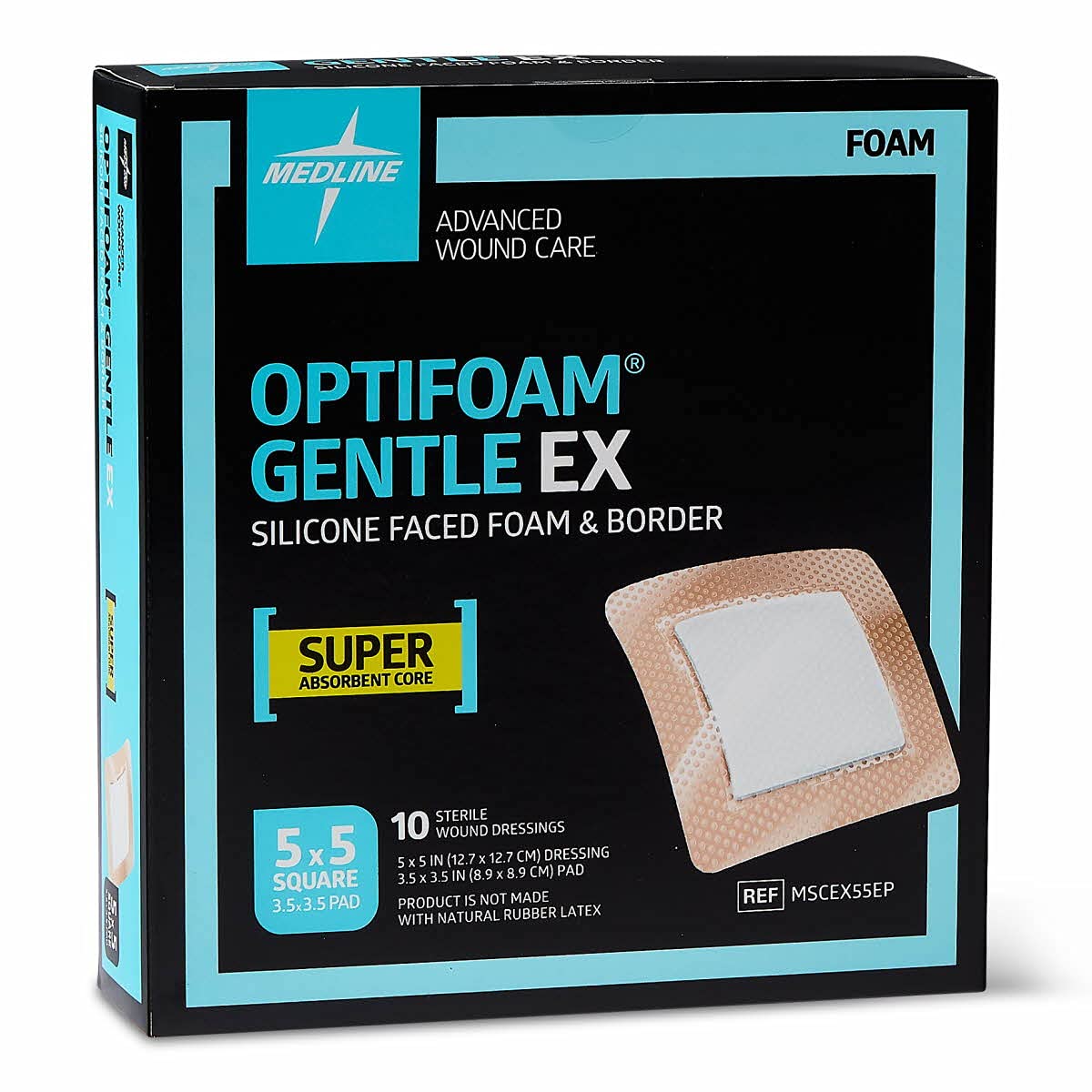 Medline Optifoam Gentle EX Bordered Foam Adhesive Dressing, 5″ x 5″ Square (10 Count)