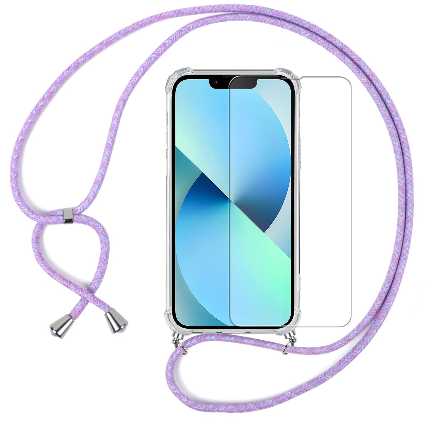 Pnakqil Crossbody Chain Case for iPhone 13 6.1" & 1x Tempered Glass Screen Protector, Necklace Phone Cover with Cord Strap Clear Transparent Soft Cover with Lanyard for iPhone 13 - Purple Rainbow