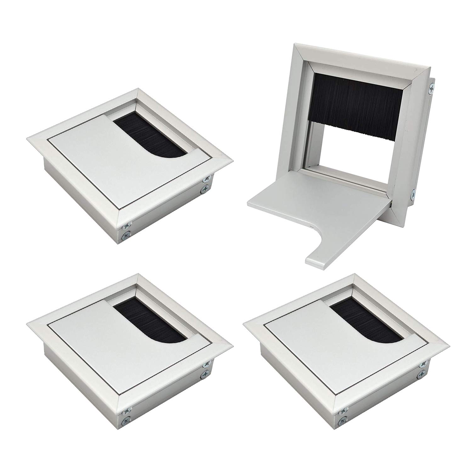 LIKERAINY Cable Bushing Desk Table Grommets 80x 80mm Cable Outlet Tidy Cover Insert Square Cube Wire Organiser Aluminum Anodised Silver Pack of 4