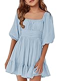 Girls Summer Dresses Square Neck Lantern Sleeve Tie