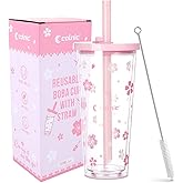 Colnic Reusable Plastic Boba Cup With Lids And Straws, 24Oz/700ml Smoothie Cups, Iced Coffee Cup, Leakproof Kawaii Cup, Boba Tumbler With Boba Reusable Straw,Double Wall Clear Bubble Tea Cup