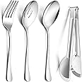 E-far Large Serving Utensils Set of 8, Stainless Steel 9.8 Inch Serving Spoons Slotted Spoon, 9.9 Inch Serving Fork, 9.4 Inch Serving Tong for Buffet Catering Banquet, Mirror Finish & Dishwasher Safe