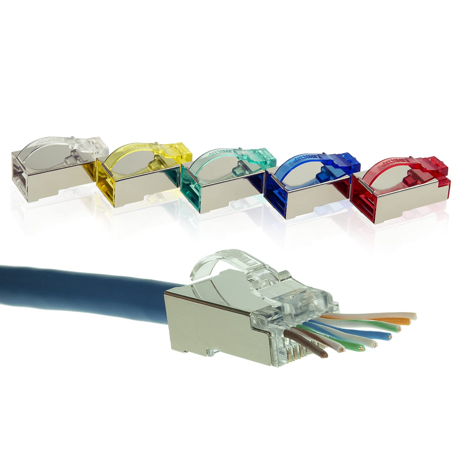 LINKUP - [5 colors] Snagless RJ45 Cat6 STP Connectors EZ Pass Through Ends | Ethernet Cat 6 8P8C Solid Plugs | STP Gigabit Round Cable Connector | Platinum 50 Mi Gold Plated High Performance|100 Pack