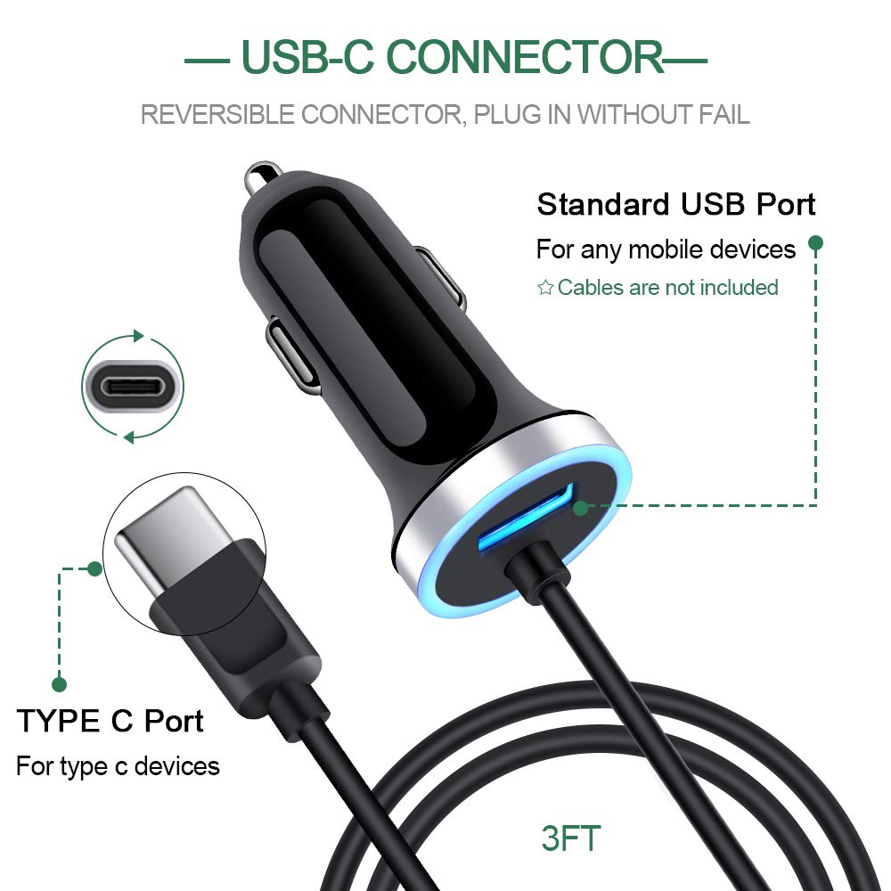USB C Car Charger, 3.4A Fast Charging Car Charger for Samsung Galaxy S24 S23 S22 S21 S20 S10E S9 S8 Note 20 10 A16 A15 A14 A50 A20 A51 A71 A21 A10E, LG Stylo 6/5, Car Adapter 3ft Type C Charger Cable