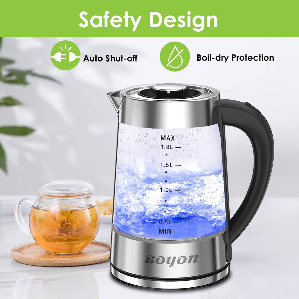 BOYON 1.8L Electric Kettle 1500W BPA Free, Stainless Steel Inner Lid & Bottom, Glass Tea Kettle with LED Indicator Light, Auto Shut-Off & Boil-Dry Protection