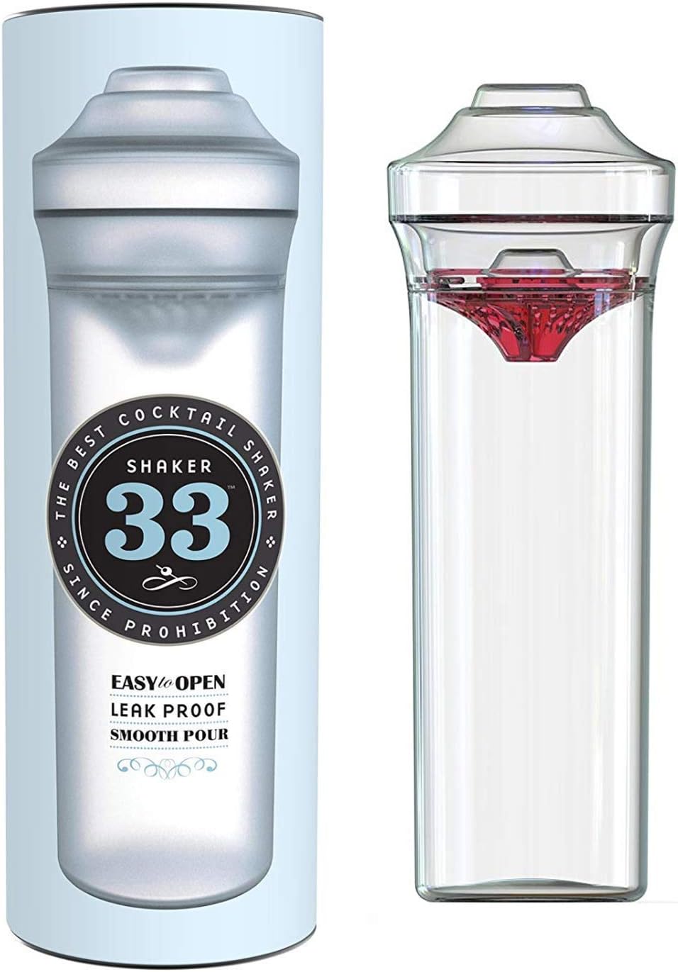 Shaker33 | Plastic Elite Cocktail Shaker Set | 24 OZ | Clear Bottle | Cosmo Red Dual Strainer | Dishwasher Safe, Shatterproof, Leakproof & Lightweight | Bartender | Lid Locking | Valentine's Day Gift
