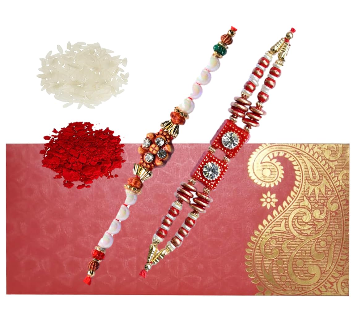 Purpledip Bhai Dooj Rakshabandhan Set: 2 Rakhi Bracelets For Brother in Shagun Envelop With Roli Chawal Tika (rakhi39)