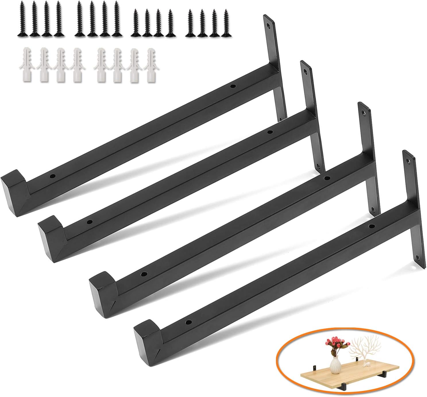 12 Inch Shelf Brackets with Lip, Heavy Duty Black Metal Industrial Shelving Bracket, Wall Mounted Rustic Farmhouse Iron Floating Support for DIY Open Shelves, Set of 4: Home Improvement
