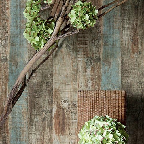 Salvaged Antique Rustic Distressed Wood board plank Wallpaper for home kitchen living room bedroom accent wall 54 sq. ft. (Barnyard Blue)