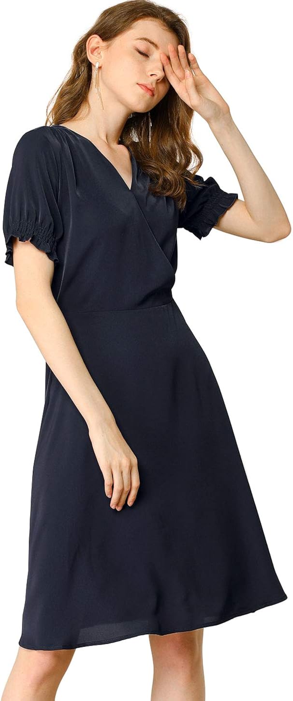 Allegra K Women's Work Office Cross V Neck Short Sleeves Summer A-Line Dress