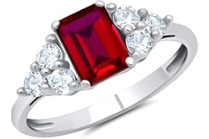MAX + STONE 10k Yellow or White Gold Ring for Women with Emerald Cut Gemstone and Created White Sapphire Accents Birthstone Anniversary Ring Size 5 to 9