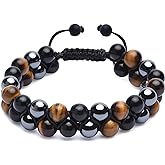 HASKARE Triple Protection Bracelet, Genuine Tigers Eye Black Obsidian and Hematite 8mm Beads Bracelet for Men Women, Crystal Jewelry Stone Bracelets Christmas Gifts for Men Bring Luck Prosperity