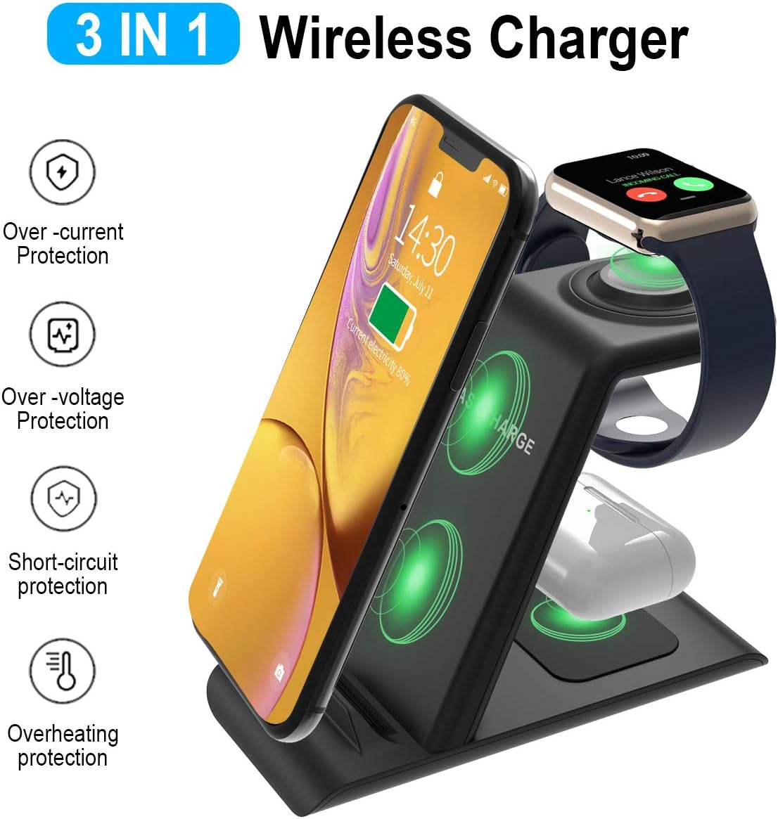 HATALKIN 3 in 1 Wireless Charging Station Compatible with Apple Products Multiple Devices Apple Watch SE 6 5 4 3 2 AirPods Pro/2 iPhone 12/11/Pro Max/X/XS/XR/8 Plus QI Fast Wireless Charger Stand Dock