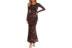 MEROKEETY Women's Fall Cocktail Formal Wedding Guest Dress Long Sleeve Maxi Bodycon Floral Mesh Winter Party Dresses