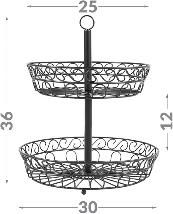 Porta Frutta A 2 Ripiani In Metallo Nero Con Manico In Legno - Cestini Rimovibili Per Frutta E Verdura, 27x17x30 Cm