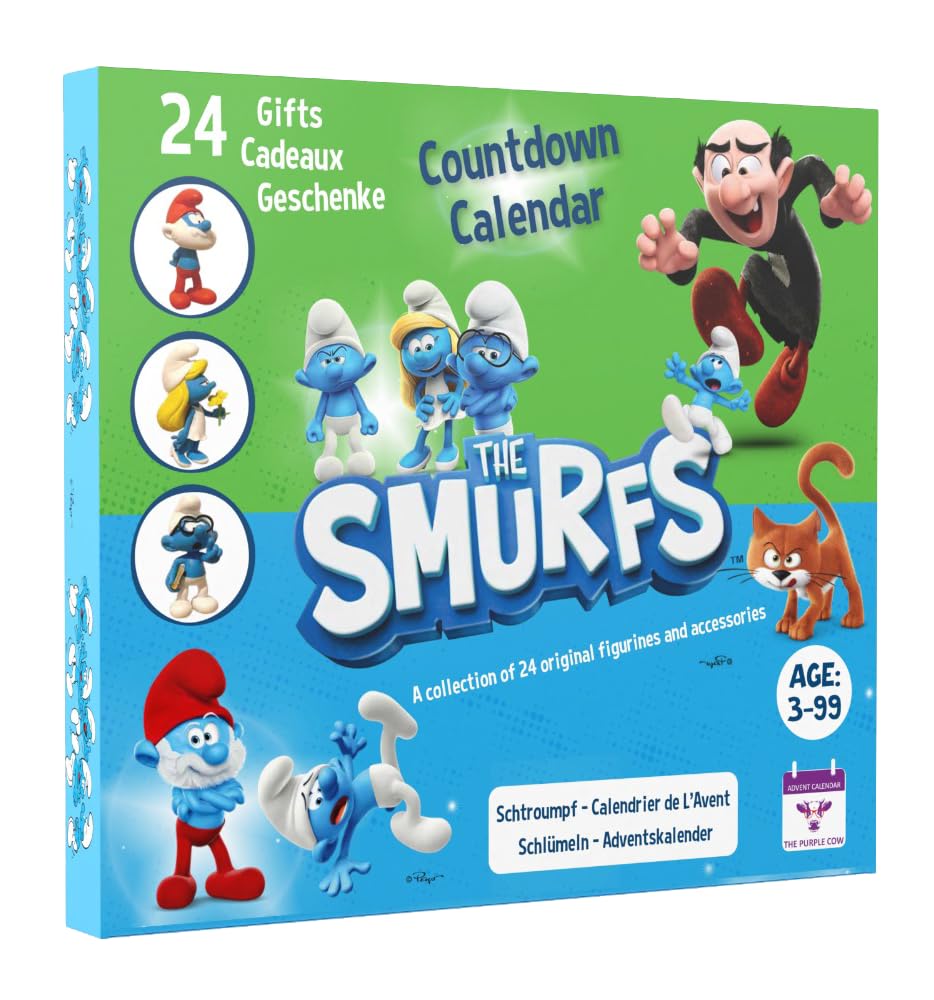 THE PURPLE COW ADVENT CALENDAR The original SMURFS Advent Calendar 2025 Collectible Cartoon Toys for Boys and Girls, 12 Figurines + 12 SMURFY gifts! Ages 3+. 24 Pieces