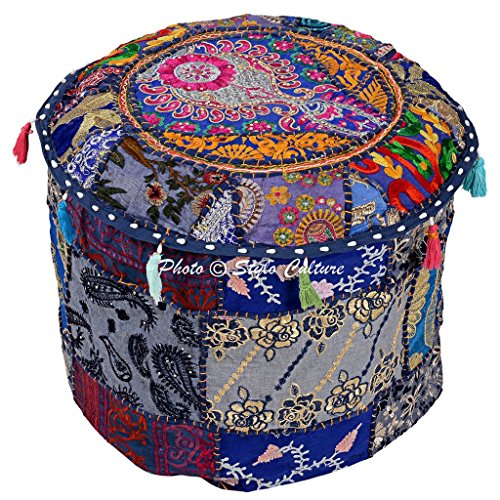 Stylo Culture Cotton Indian Ethnic Floral Patchwork Embroidered Round Ottoman Pouf Cover Blue Foot Stool Furniture 45 cm Footstool Floor Cushion Cover Home Decor