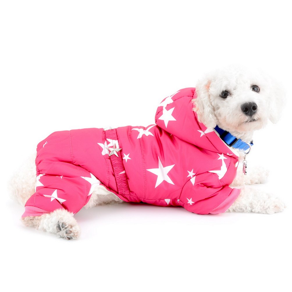SELMAI Snowsuit for Small Dogs Fleece Lined Star Belt Hooded Jumpsuit Four-legs Pants Winter Coats Puppy Doggie Chihuahua Apparel Clothes Outfits Pink S