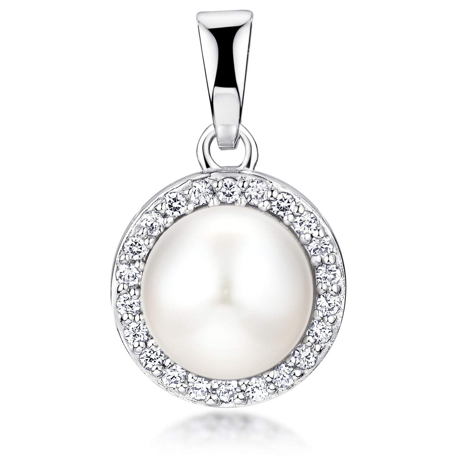 Materia Women's Pearl Pendant White with Zirconia 925 Sterling Silver with Chain Rhodium-Plated, Genuine pearl with zirconia Rhodium-plated - tarnish protection, Pearl