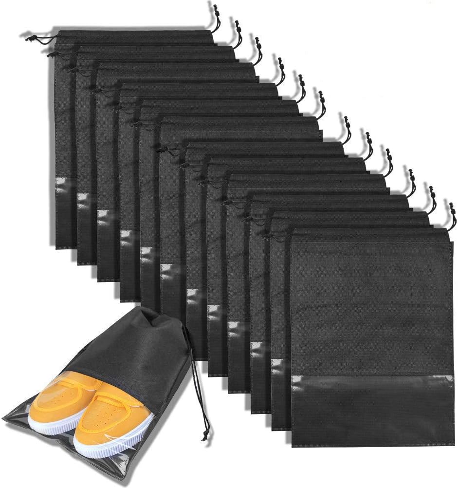  | BUYGOO 12PCS Travel Shoe Bags Waterproof Non-Woven Storage With Rope for Men and Women Large Shoes Pouch Packing Organizers - 17.3" X 12.6" (Black) | Shoe Bags