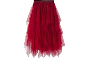IMISSILLEB Tulle Skirt for Women Asymmetrical Pleated Tutu Midi Skirt Casual Cocktail Party Beach Elastic Waist Mesh Layered Skirts
