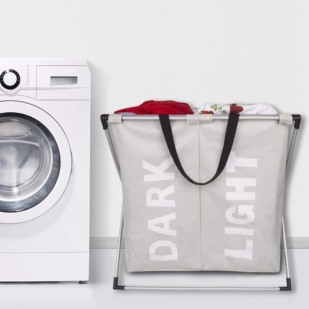 WISHPOOL 2 Section Laundry Hamper Bag with X-Frame Dirty Clothes Hamper Double Laundry Basket for Bathroom Bedroom Home（Beige）